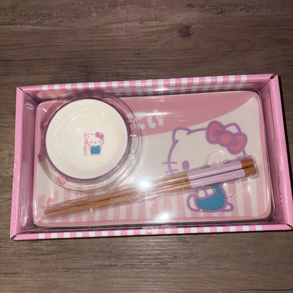 Sanrio Hello Kitty Ceramic Sushi Bento Set Tray Bowl Chopsticks Pink Gift